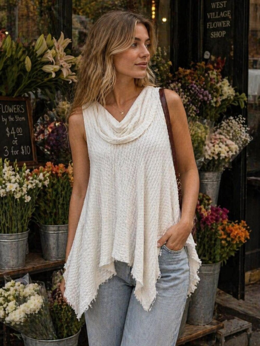 Free People “We The Free” Swing It Waffle Cowl Neck Sleeveless White XL